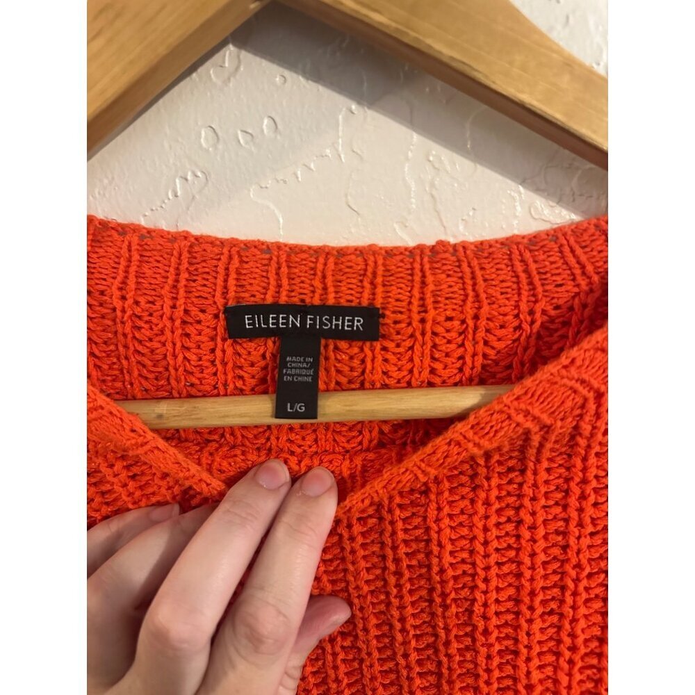 Y Eileen Fisher Orange Crewneck Chunky Knit Organic Cotton Fisherman Sweater - Picture 7 of 9